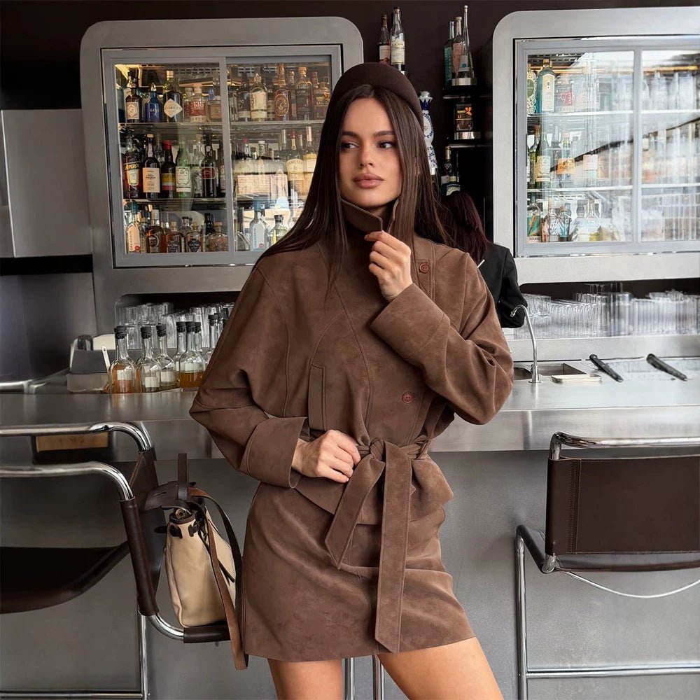 Women's Short Suede Set: Tailored Blouson with Stand Collar & Matching Mini Skirt Chichicherry - Chichicherry