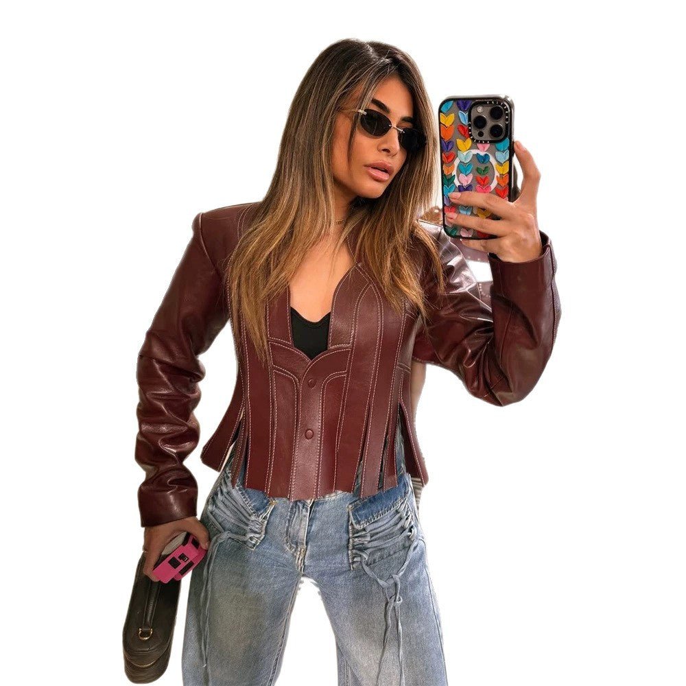 Women's short tailored blazer made of faux leather with corset sections Chichicherry - Chichicherry