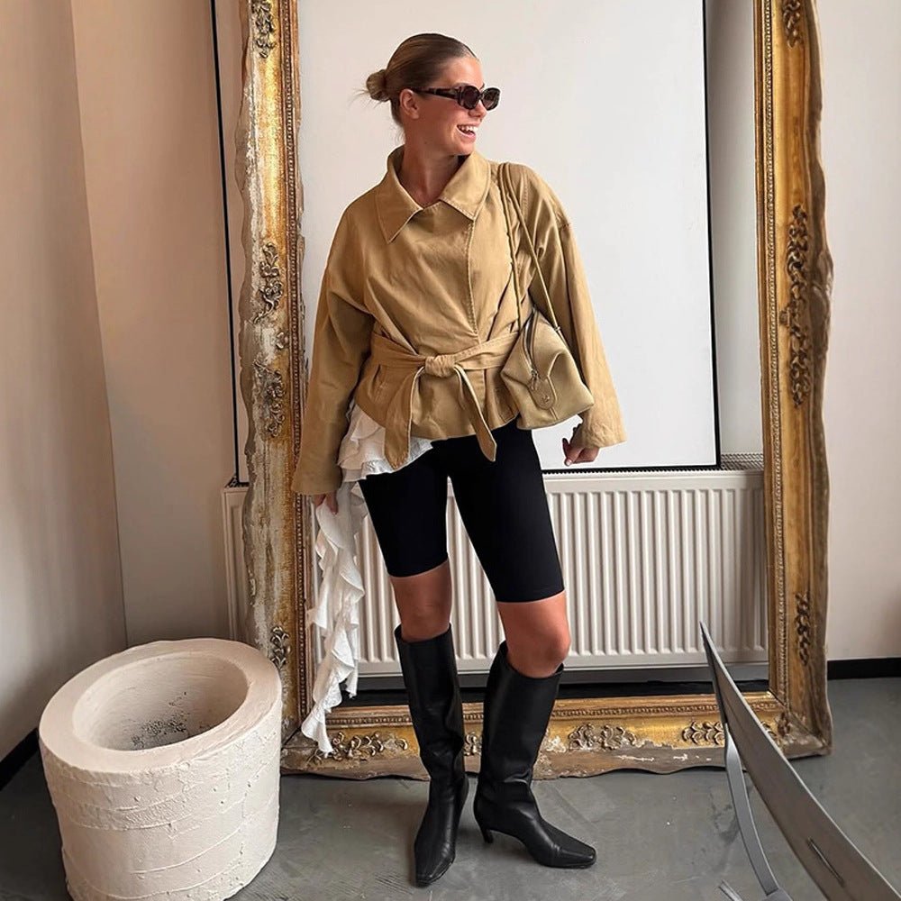 Women's Short Tailored Canvas Jacket with Tied Belt and Dropped Shoulders Chichicherry - Chichicherry