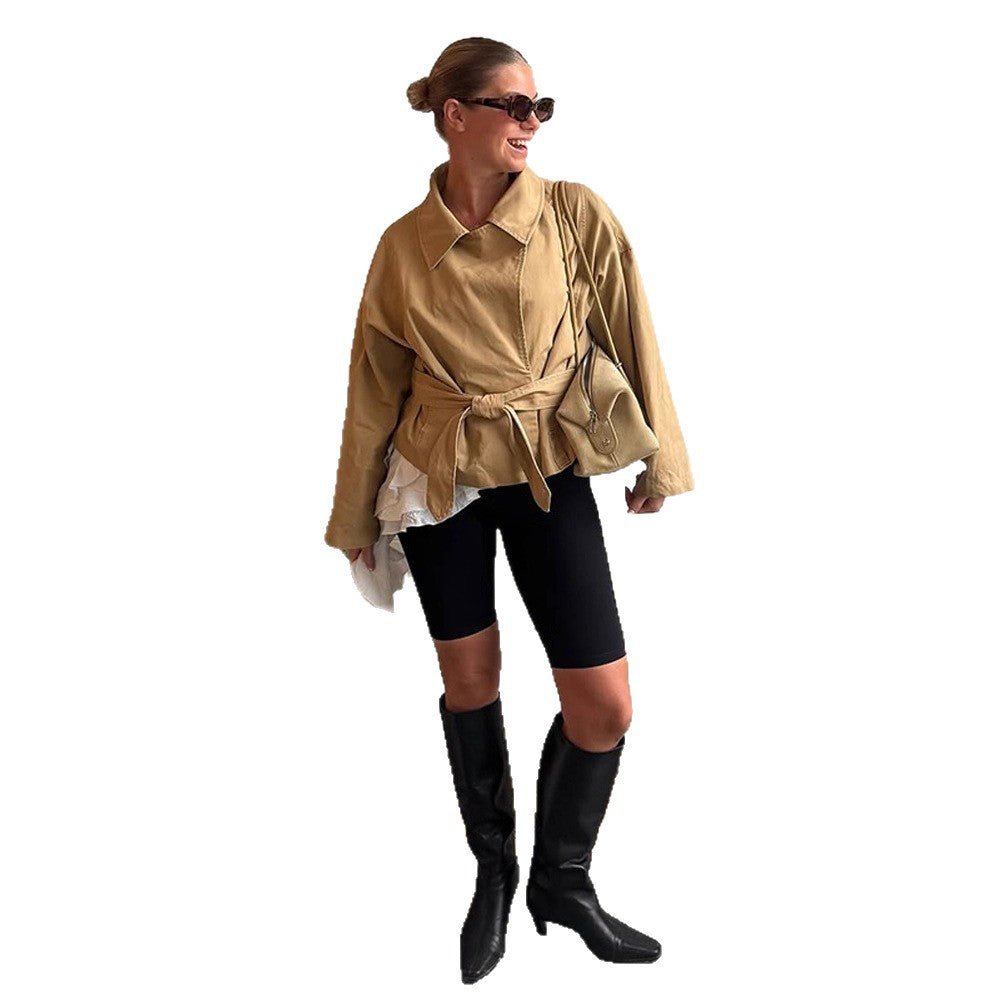 Women's Short Tailored Canvas Jacket with Tied Belt and Dropped Shoulders Chichicherry - Chichicherry