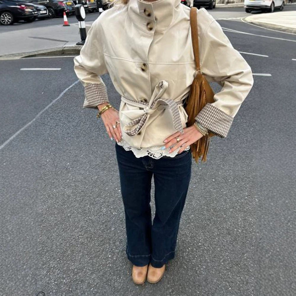 Women's Short Tailored Faux Leather Jacket with Stand-Up Collar, Check Cuffs & Tie Belt Chichicherry - Chichicherry