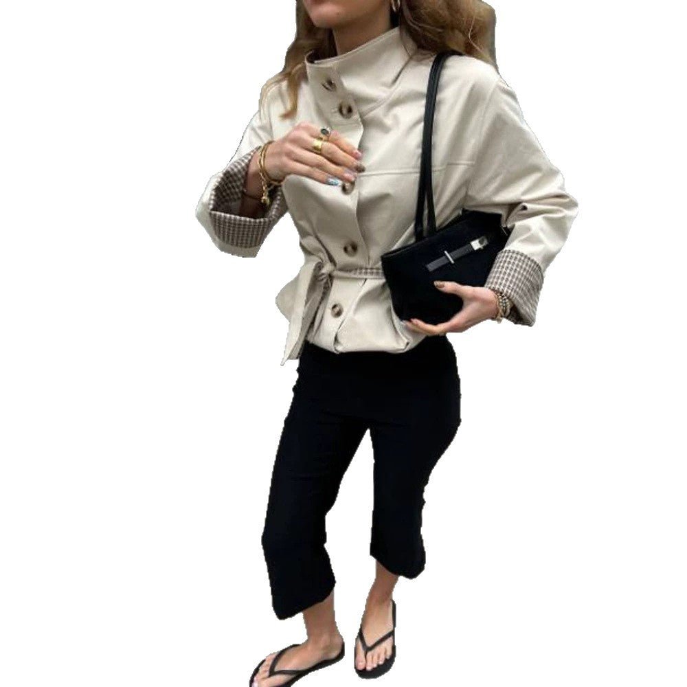 Women's Short Tailored Faux Leather Jacket with Stand-Up Collar, Check Cuffs & Tie Belt Chichicherry - Chichicherry