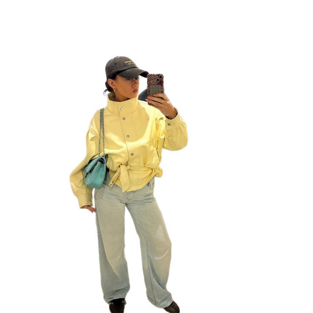 Women's Short Tailored Jacket with Stand Collar, Puff Sleeves and Tie Belt Chichicherry - Chichicherry