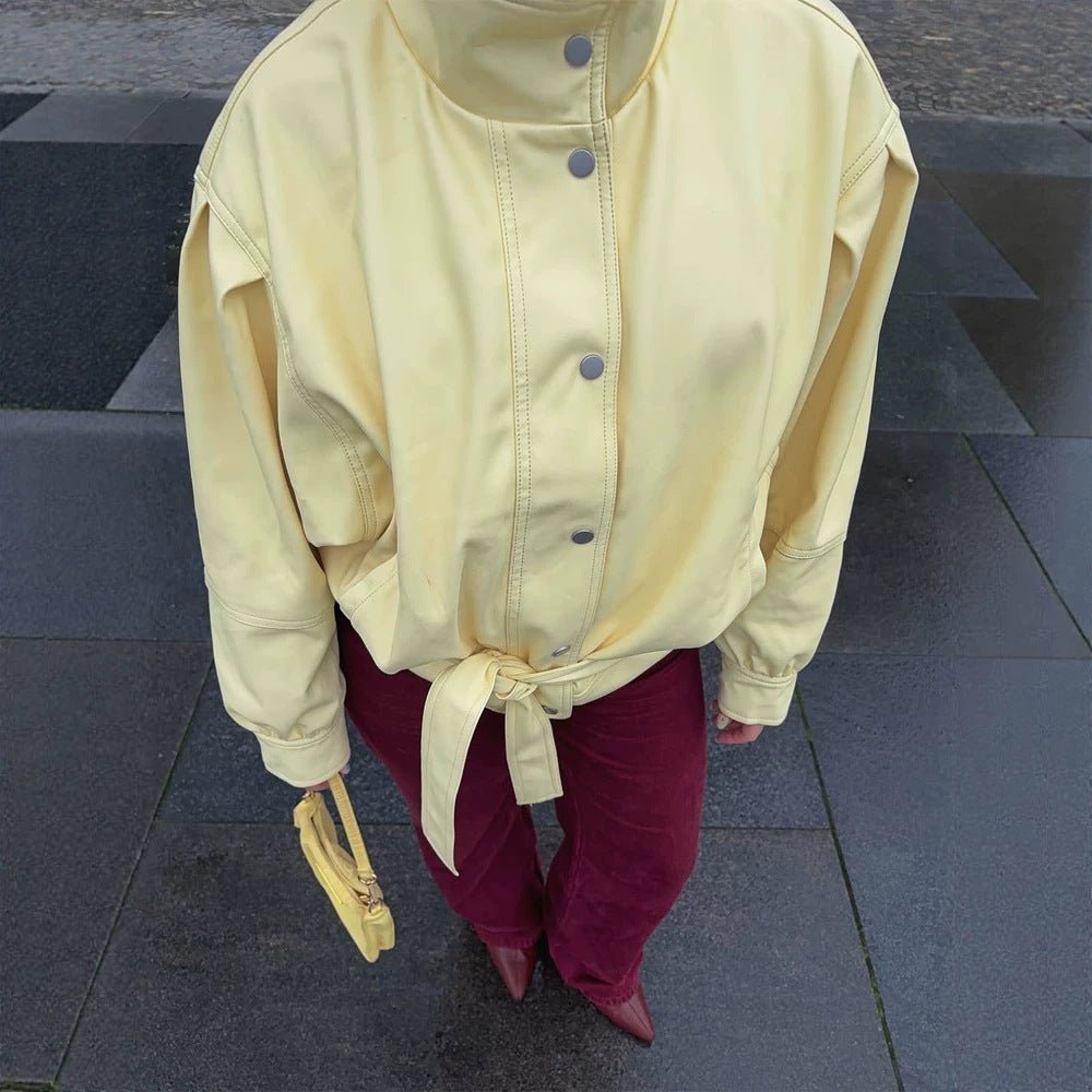 Women's Short Tailored Jacket with Stand Collar, Puff Sleeves and Tie Belt Chichicherry - Chichicherry