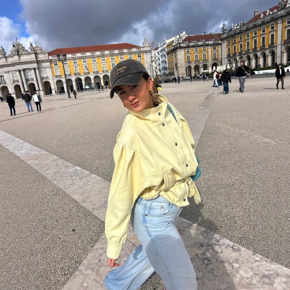 Women's Short Tailored Jacket with Stand Collar, Puff Sleeves and Tie Belt Chichicherry - Chichicherry