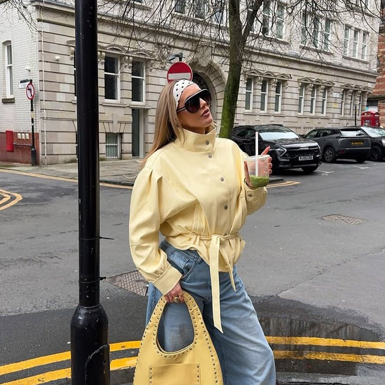 Women's Short Tailored Jacket with Stand Collar, Puff Sleeves and Tie Belt Chichicherry - Chichicherry