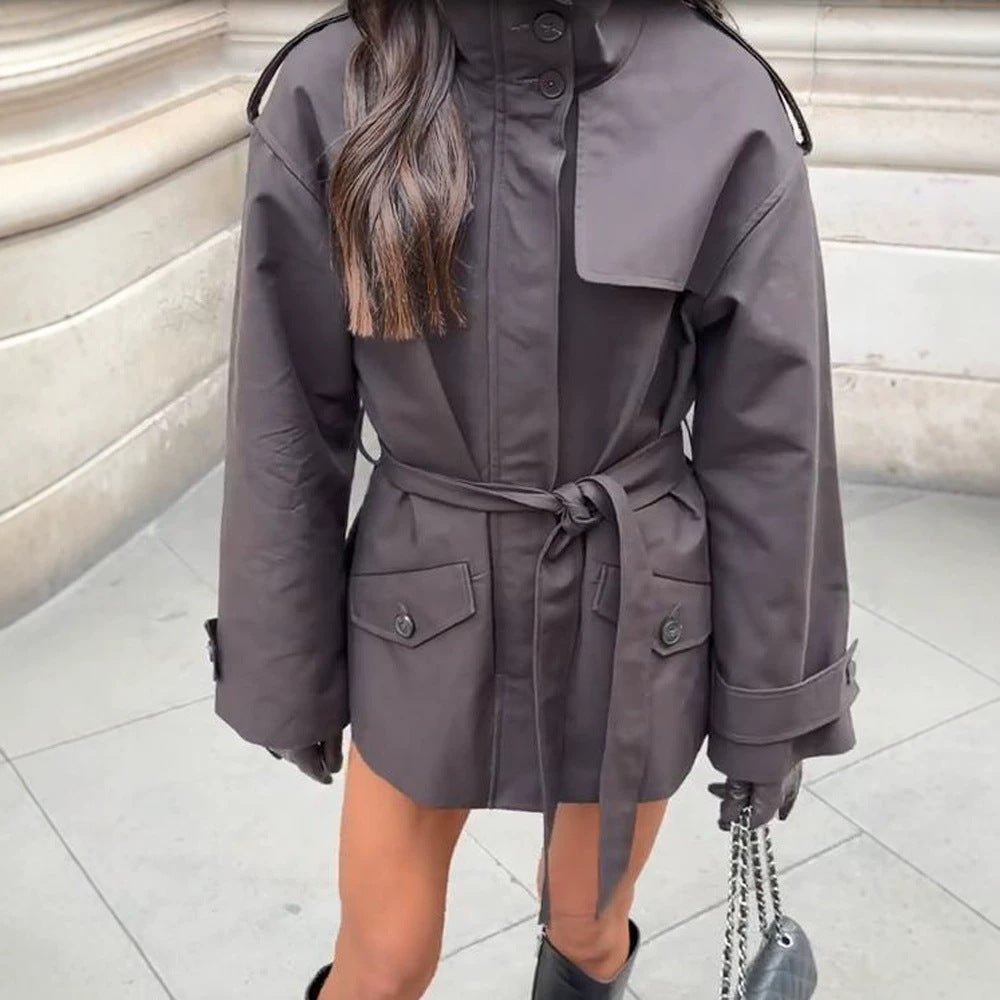 Women's Short Tailored Trench Jacket with Stand-Up Collar, Flap Pockets and Tie Belt Chichicherry - Chichicherry