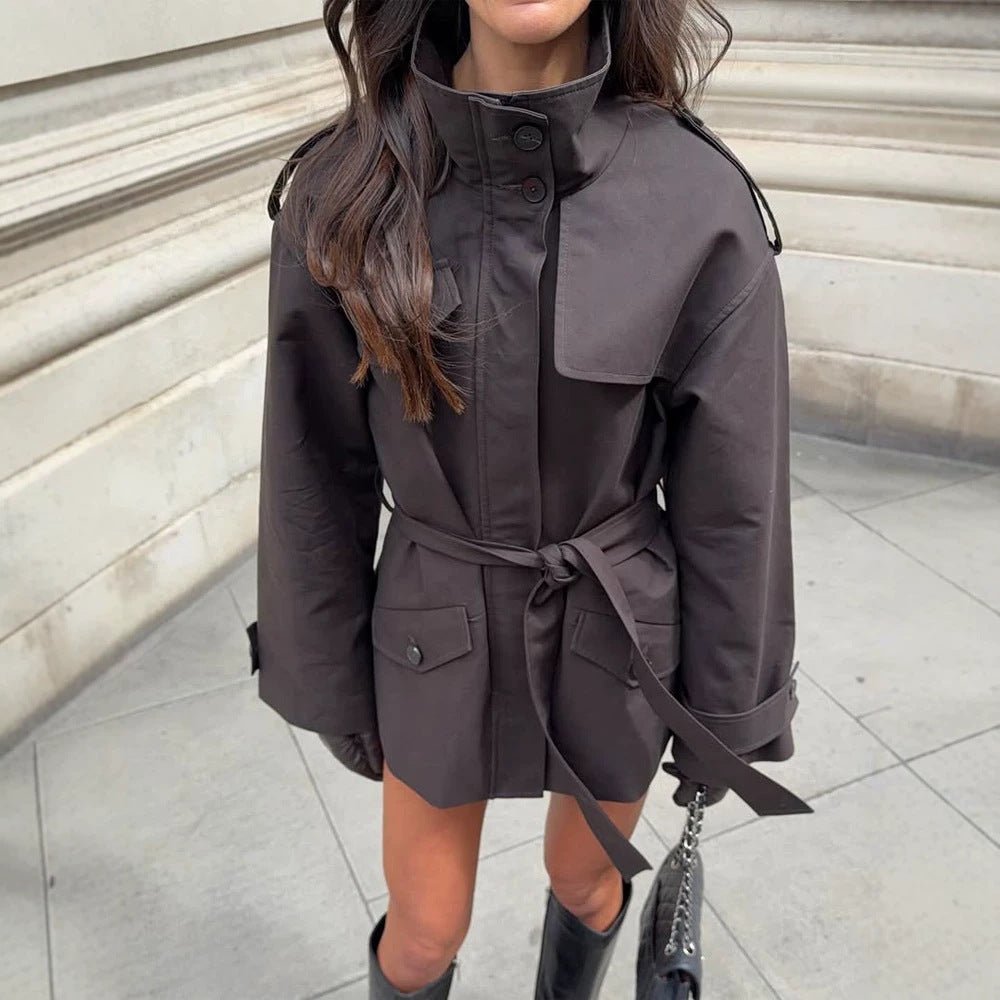 Women's Short Tailored Trench Jacket with Stand-Up Collar, Flap Pockets and Tie Belt Chichicherry - Chichicherry