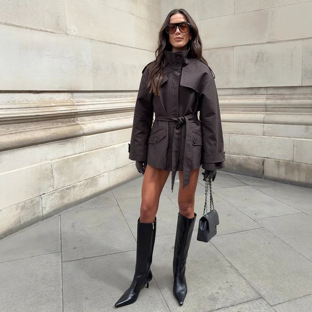 Women's Short Tailored Trench Jacket with Stand-Up Collar, Flap Pockets and Tie Belt Chichicherry - Chichicherry