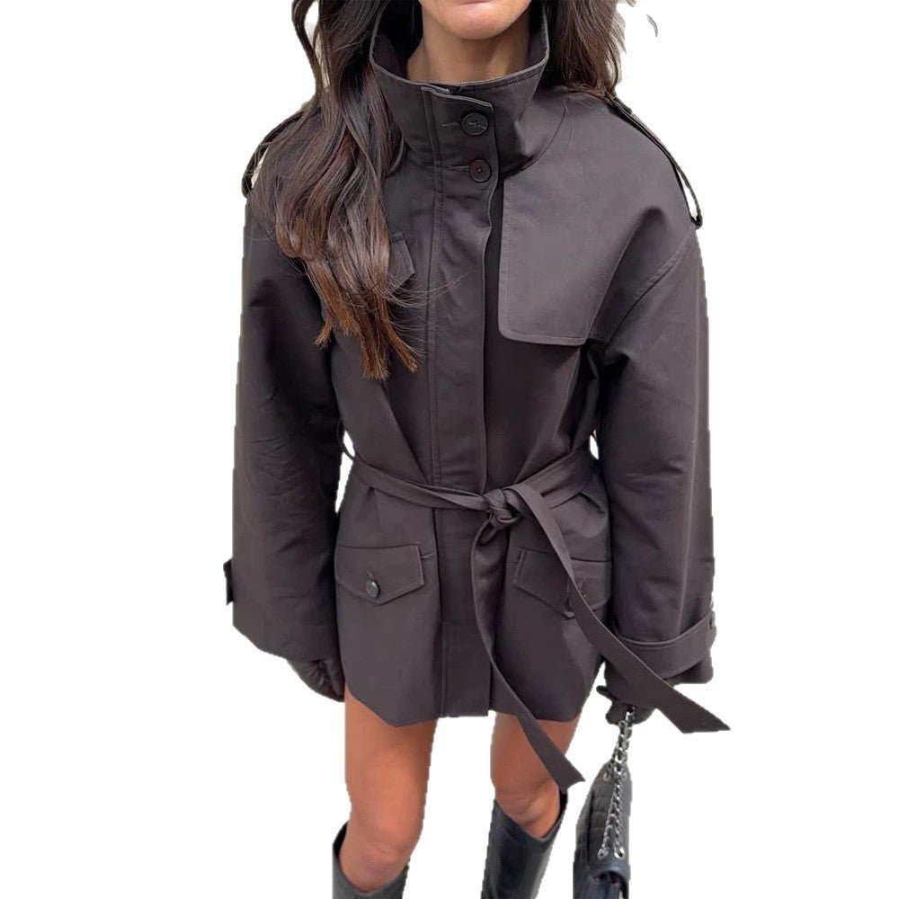 Women's Short Tailored Trench Jacket with Stand-Up Collar, Flap Pockets and Tie Belt Chichicherry - Chichicherry