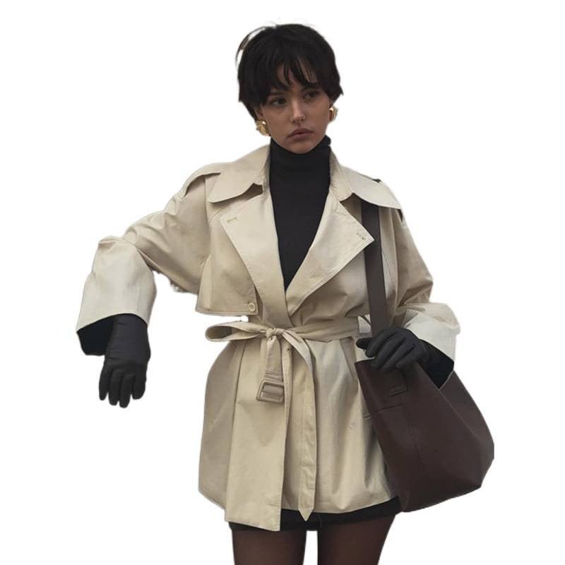 Women's Short Tailored Trench with Cape Overcoat and Tie Belt Chichicherry - Chichicherry