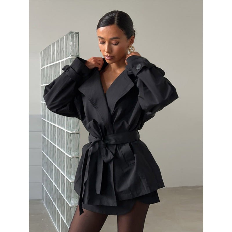 Women's Short Tailored Trench with Cape Overcoat and Tie Belt Chichicherry - Chichicherry