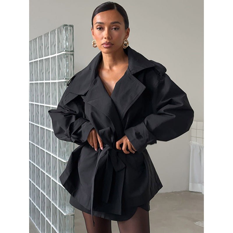 Women's Short Tailored Trench with Cape Overcoat and Tie Belt Chichicherry - Chichicherry
