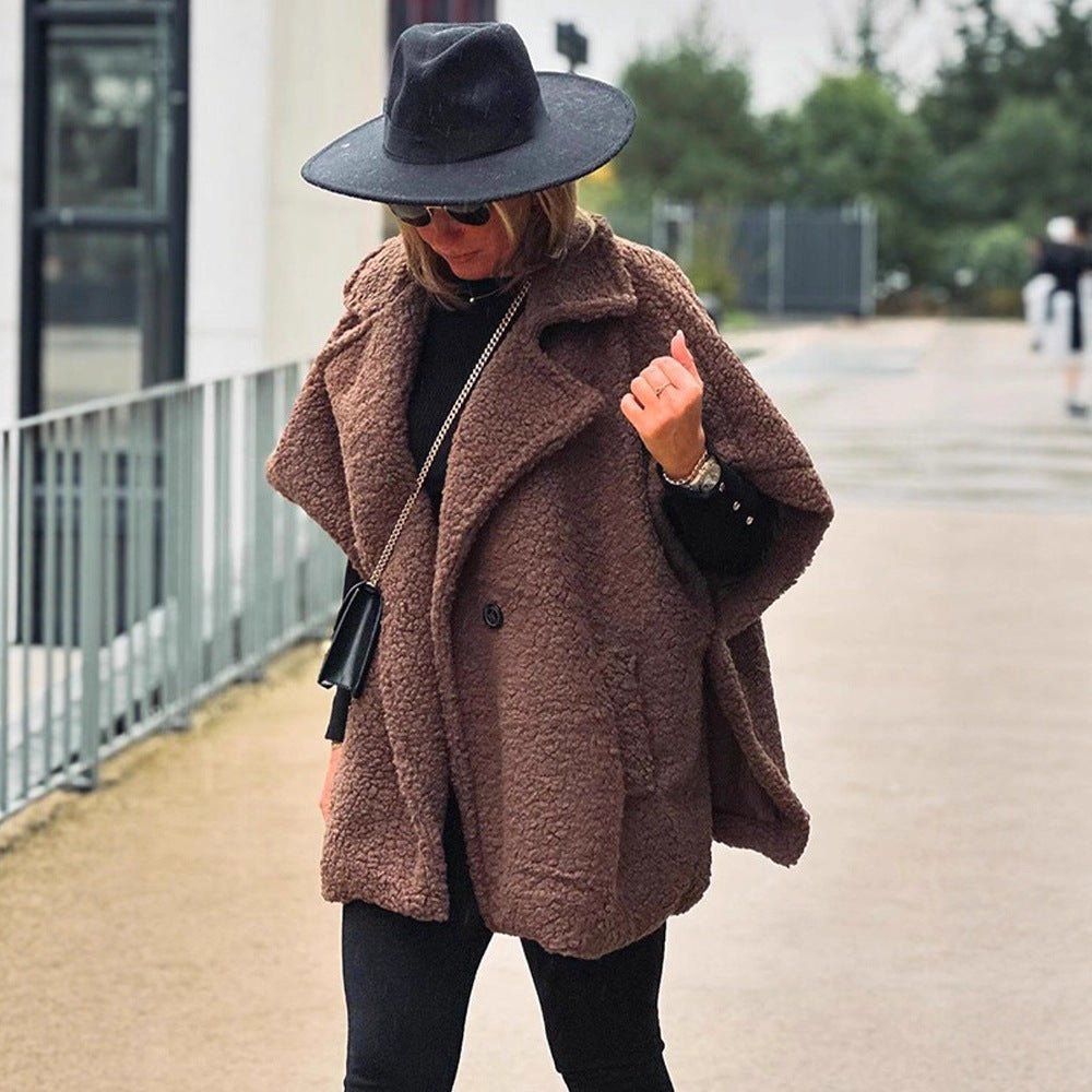 Women's Short Teddy Cape with Shawl Collar and Concealed Button Placket Chichicherry - Chichicherry