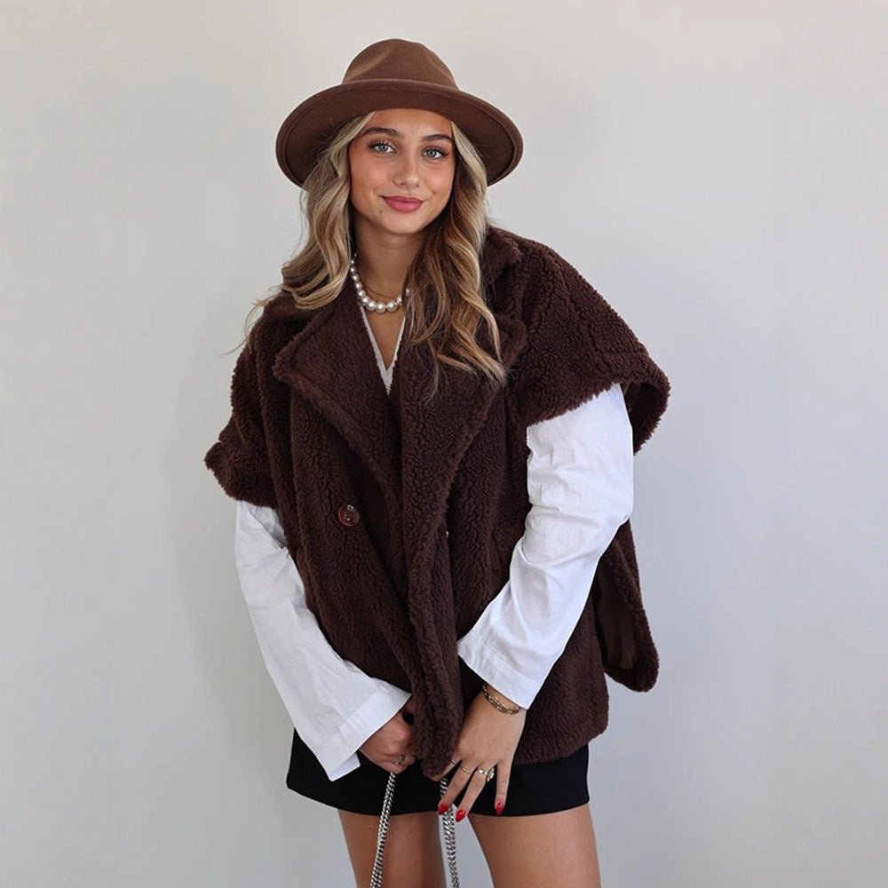 Women's Short Teddy Cape with Shawl Collar and Concealed Button Placket Chichicherry - Chichicherry