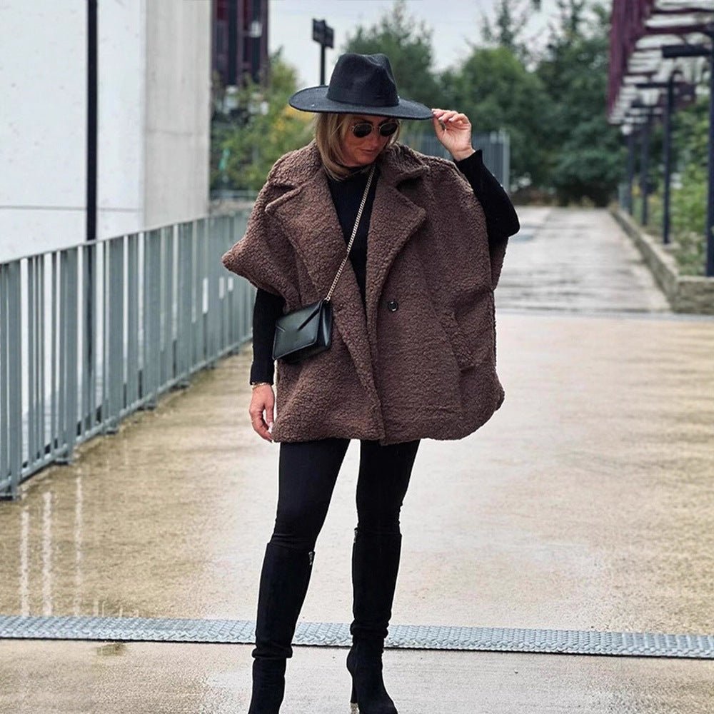 Women's Short Teddy Cape with Shawl Collar and Concealed Button Placket Chichicherry - Chichicherry
