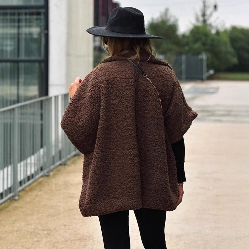 Women's Short Teddy Cape with Shawl Collar and Concealed Button Placket Chichicherry - Chichicherry