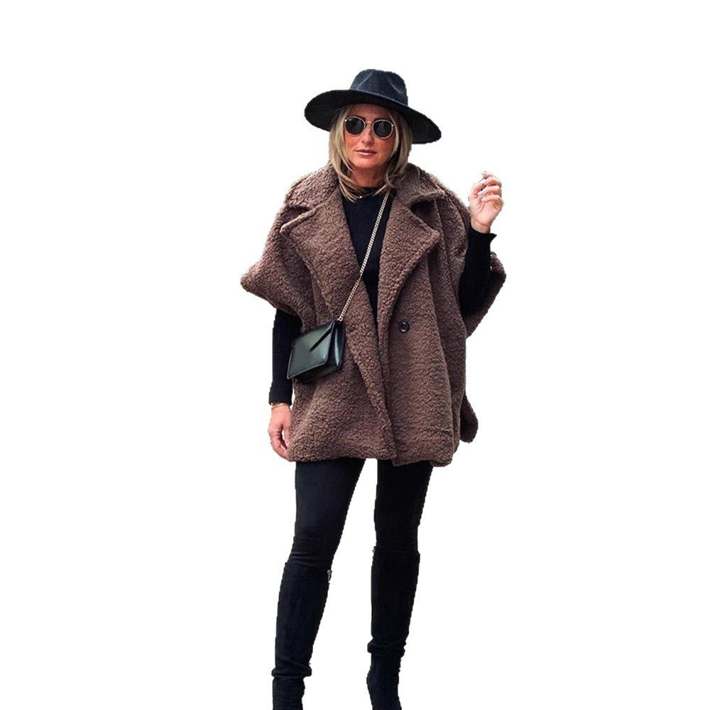 Women's Short Teddy Cape with Shawl Collar and Concealed Button Placket Chichicherry - Chichicherry