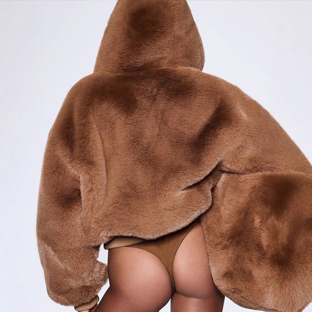 Women's Short Teddy Faux Fur Bomber Jacket with Hood, Wide Ribbed Hem and Two-Way Zipper Chichicherry - Chichicherry