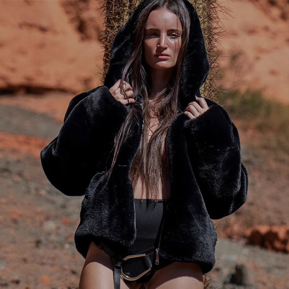 Women's Short Teddy Faux Fur Bomber Jacket with Hood, Wide Ribbed Hem and Two-Way Zipper Chichicherry - Chichicherry
