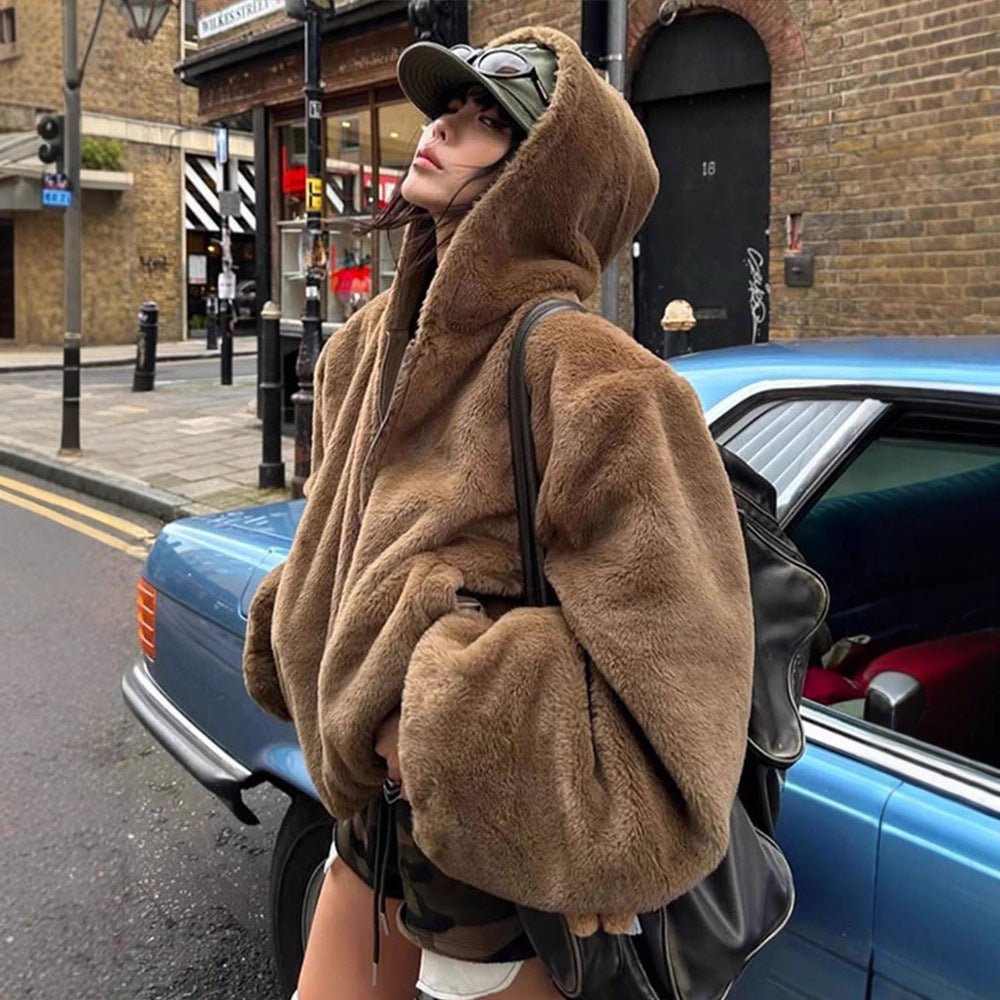 Women's Short Teddy Faux Fur Bomber Jacket with Hood, Wide Ribbed Hem and Two-Way Zipper Chichicherry - Chichicherry