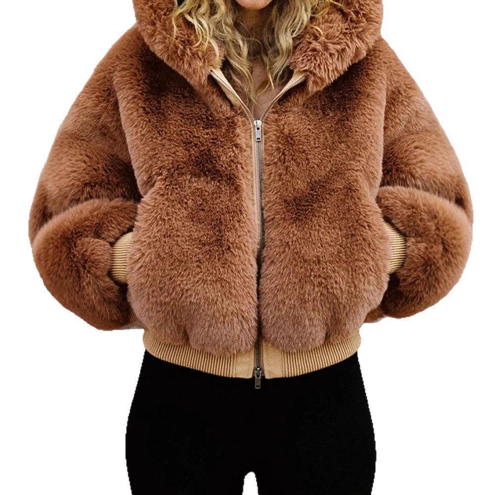 Women's Short Teddy Faux Fur Bomber Jacket with Hood, Wide Ribbed Hem and Two-Way Zipper Chichicherry - Chichicherry