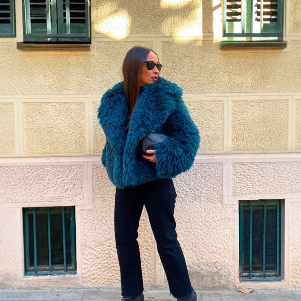 Women's Short Textured Faux Fur Coat with Voluminous Shawl Collar Chichicherry - Chichicherry