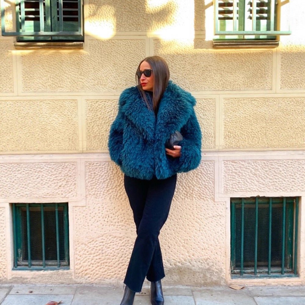 Women's Short Textured Faux Fur Coat with Voluminous Shawl Collar Chichicherry - Chichicherry