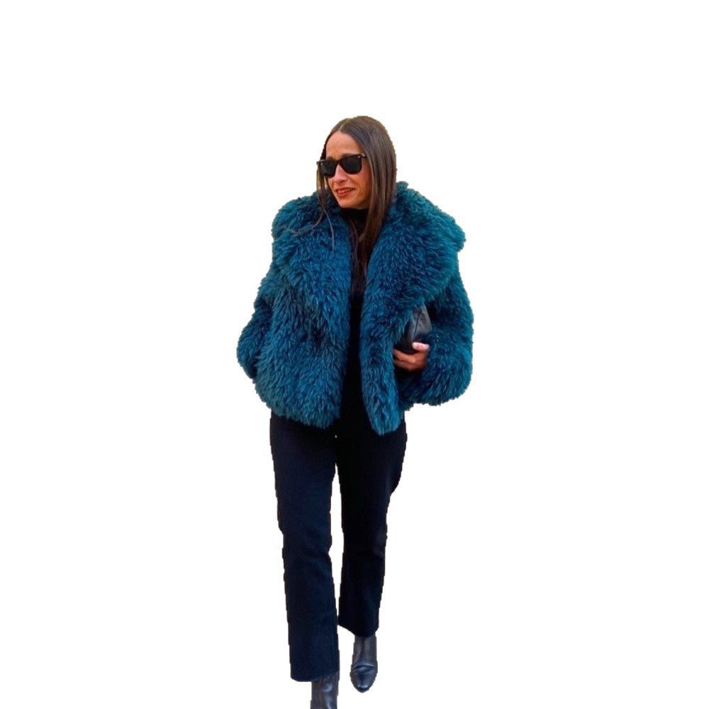 Women's Short Textured Faux Fur Coat with Voluminous Shawl Collar Chichicherry - Chichicherry