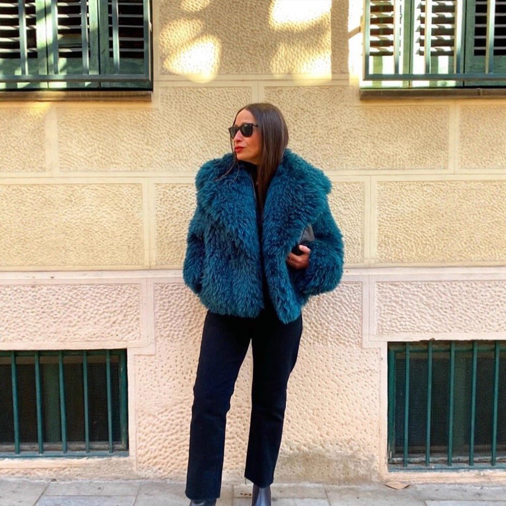 Women's Short Textured Faux Fur Coat with Voluminous Shawl Collar Chichicherry - Chichicherry