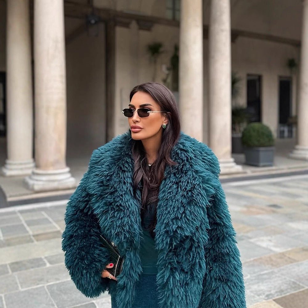 Women's Short Textured Faux Fur Coat with Voluminous Shawl Collar Chichicherry - Chichicherry