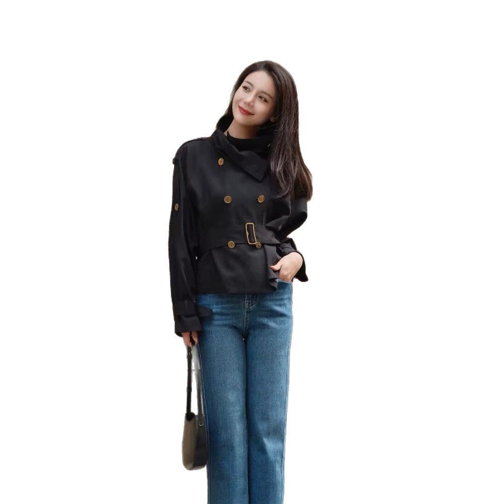 Women's short trench coat with fitted tie belt and balloon sleeves, golden decorative buttons Chichicherry - Chichicherry