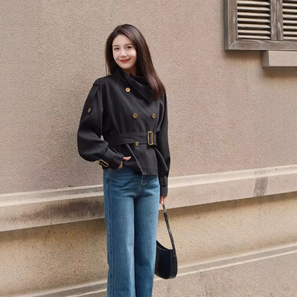 Women's short trench coat with fitted tie belt and balloon sleeves, golden decorative buttons Chichicherry - Chichicherry