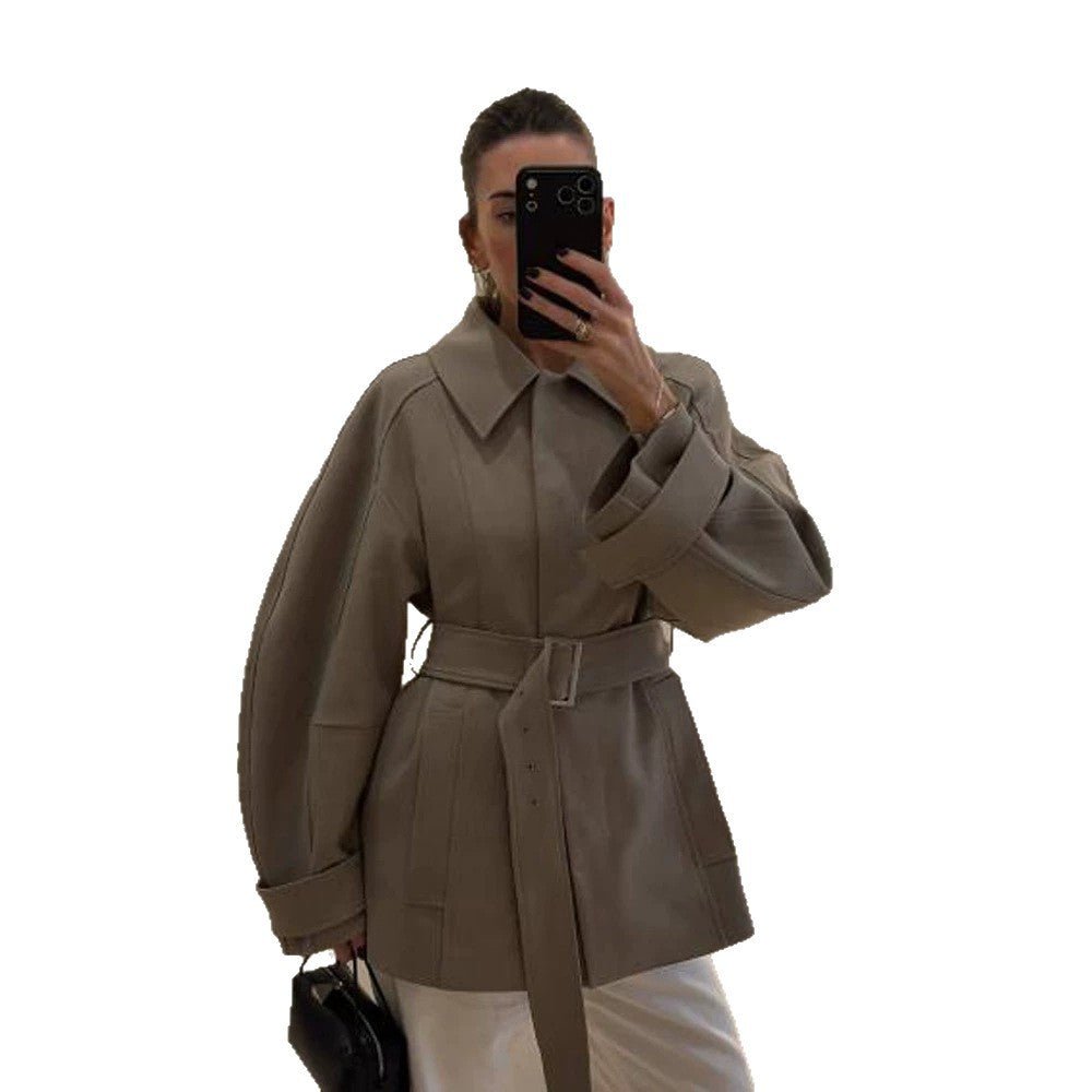 Women's Short Trench Coat with Waist Belt, Dropped Shoulder and Voluminous Balloon Sleeves Chichicherry - Chichicherry