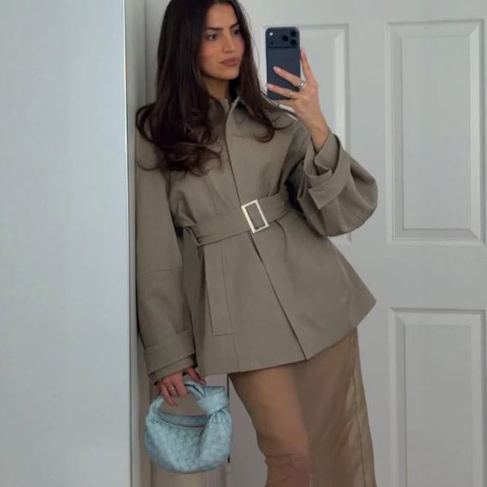 Women's Short Trench Coat with Waist Belt, Dropped Shoulder and Voluminous Balloon Sleeves Chichicherry - Chichicherry