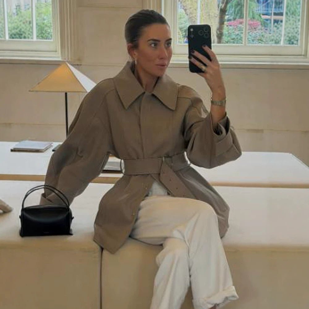 Women's Short Trench Coat with Waist Belt, Dropped Shoulder and Voluminous Balloon Sleeves Chichicherry - Chichicherry