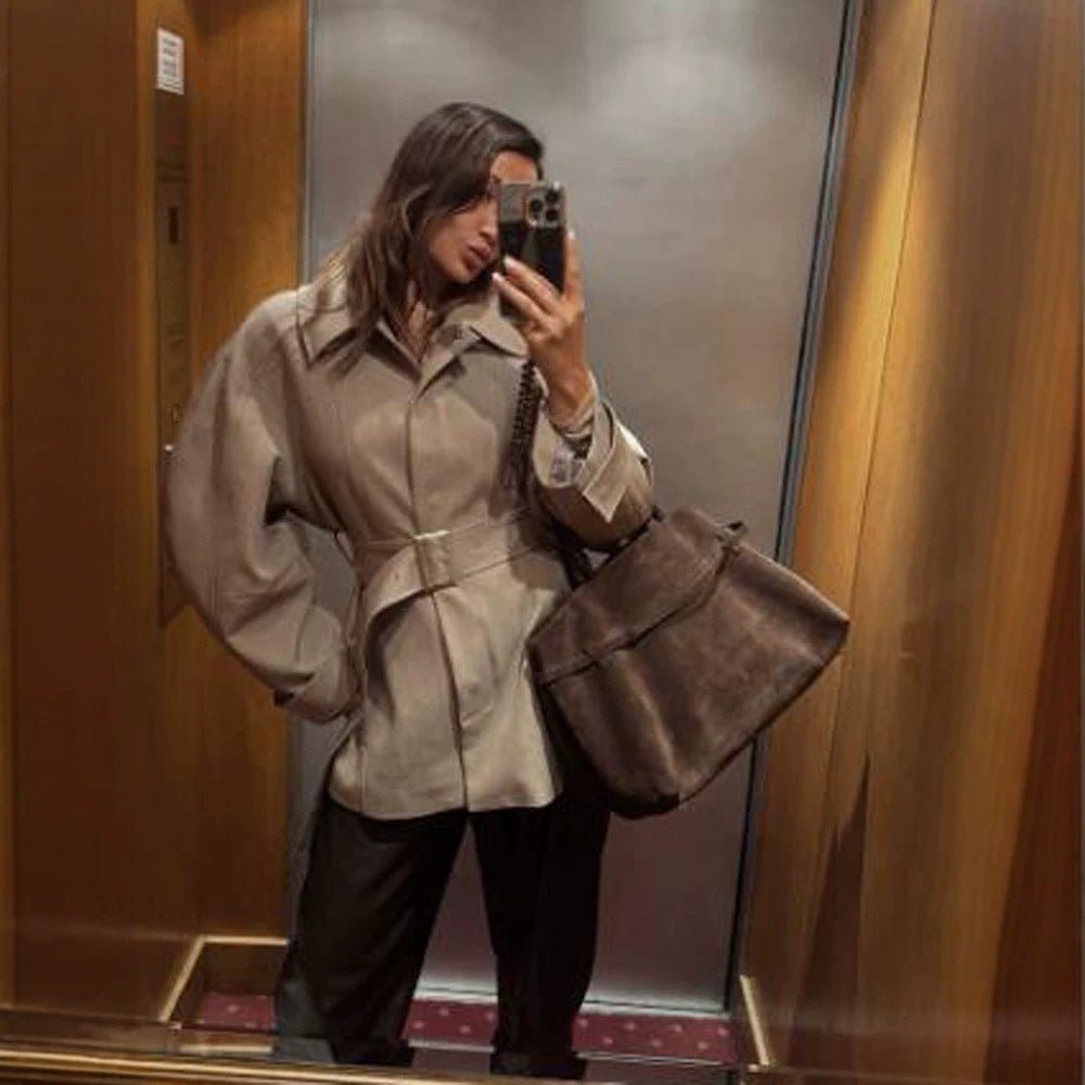 Women's Short Trench Coat with Waist Belt, Dropped Shoulder and Voluminous Balloon Sleeves Chichicherry - Chichicherry