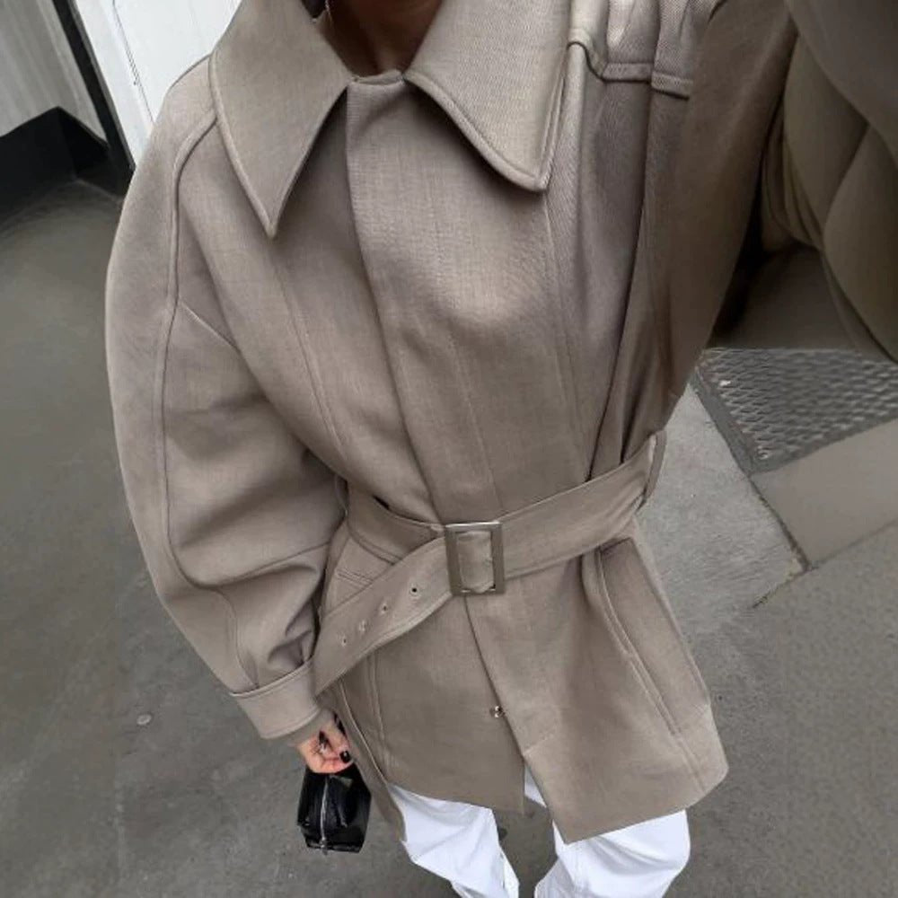 Women's Short Trench Coat with Waist Belt, Dropped Shoulder and Voluminous Balloon Sleeves Chichicherry - Chichicherry