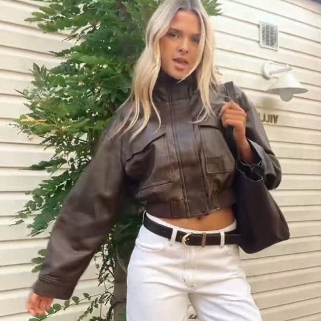 Women's Short Utility Bomber Jacket made of Vegan Leather with High Stand-Up Collar Chichicherry - Chichicherry