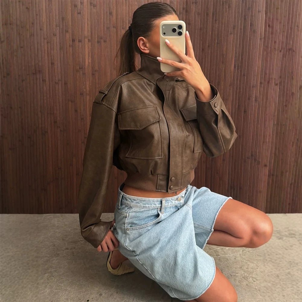 Women's Short Utility Bomber Jacket made of Vegan Leather with High Stand-Up Collar Chichicherry - Chichicherry