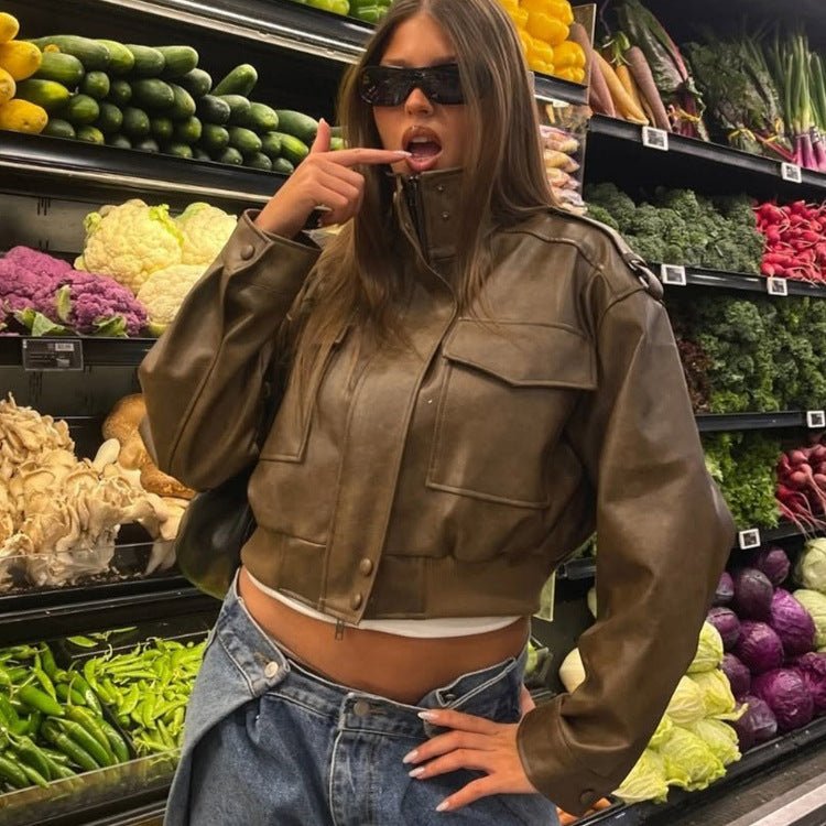 Women's Short Utility Bomber Jacket made of Vegan Leather with High Stand-Up Collar Chichicherry - Chichicherry