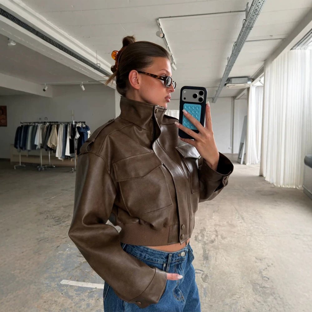 Women's Short Utility Bomber Jacket made of Vegan Leather with High Stand-Up Collar Chichicherry - Chichicherry