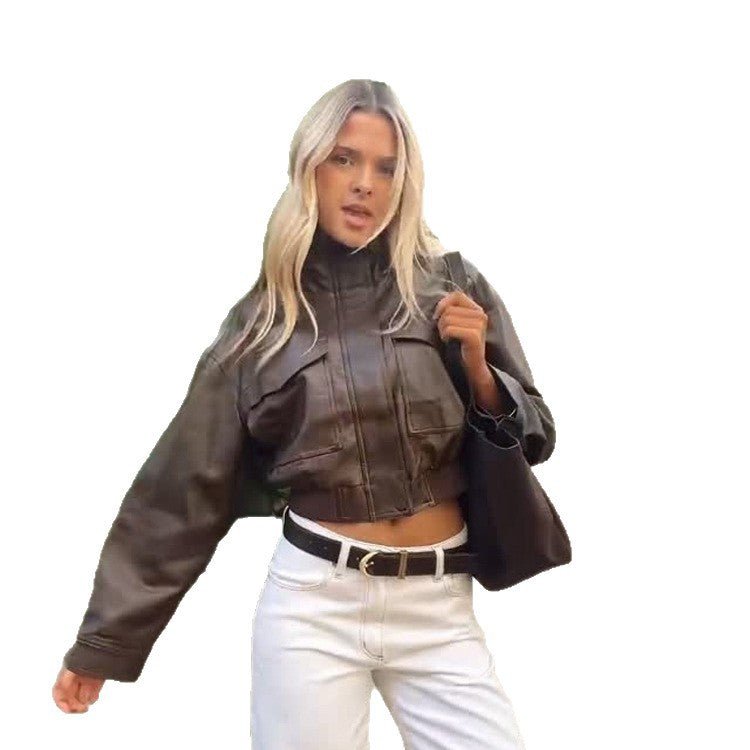 Women's Short Utility Bomber Jacket made of Vegan Leather with High Stand-Up Collar Chichicherry - Chichicherry