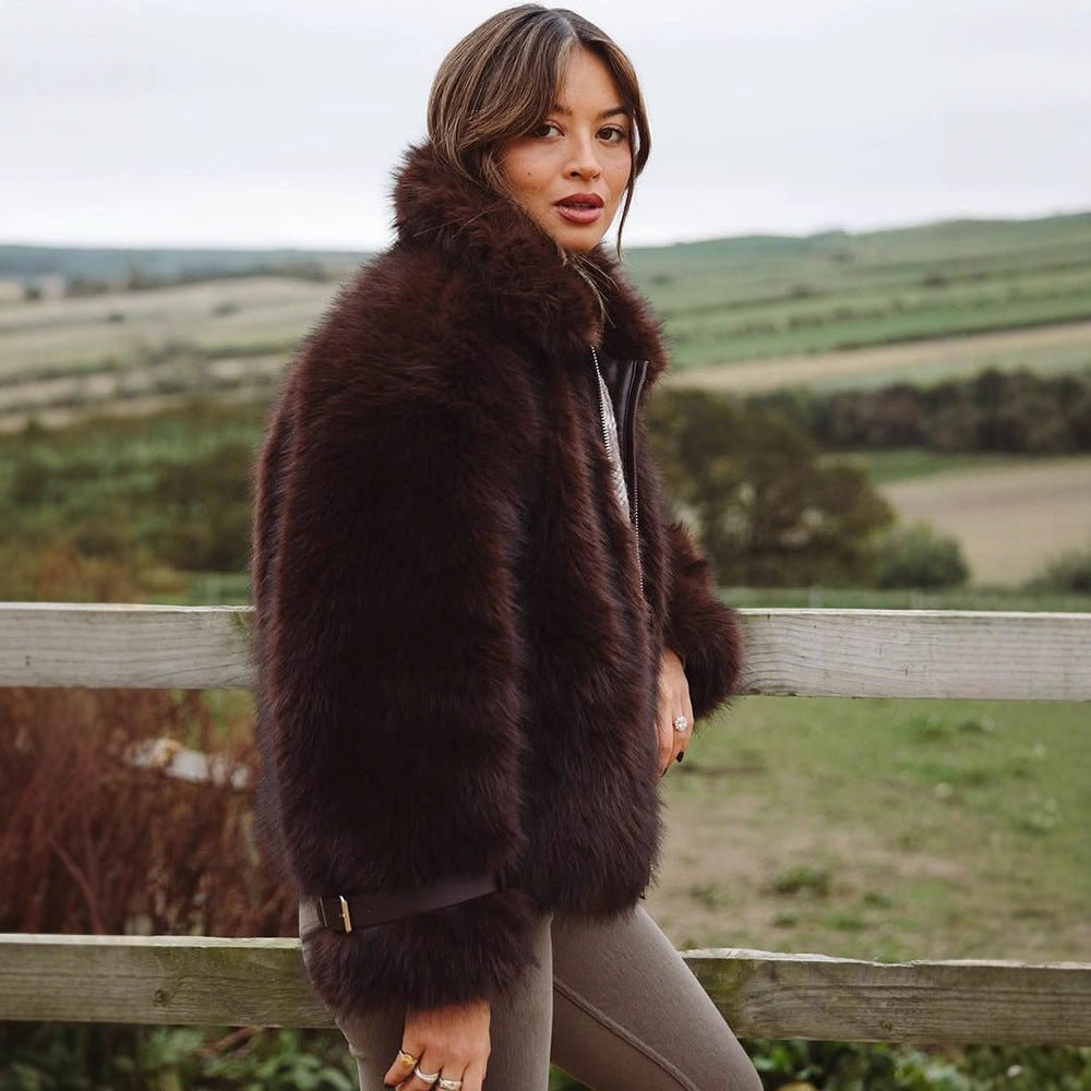 Women's Short Voluminous Faux Fur Bomber Jacket with Zipper and Shawl Collar Chichicherry - Chichicherry