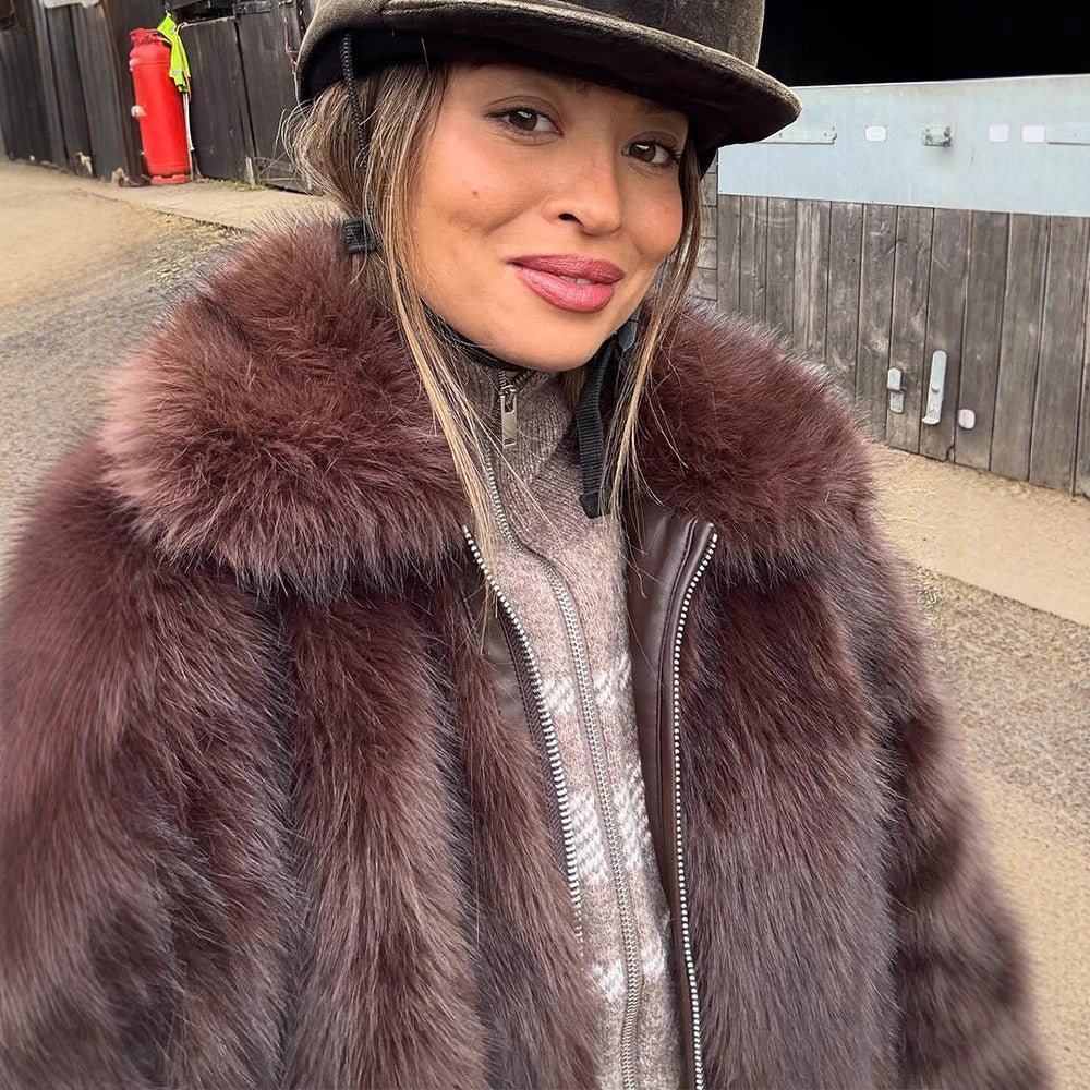 Women's Short Voluminous Faux Fur Bomber Jacket with Zipper and Shawl Collar Chichicherry - Chichicherry
