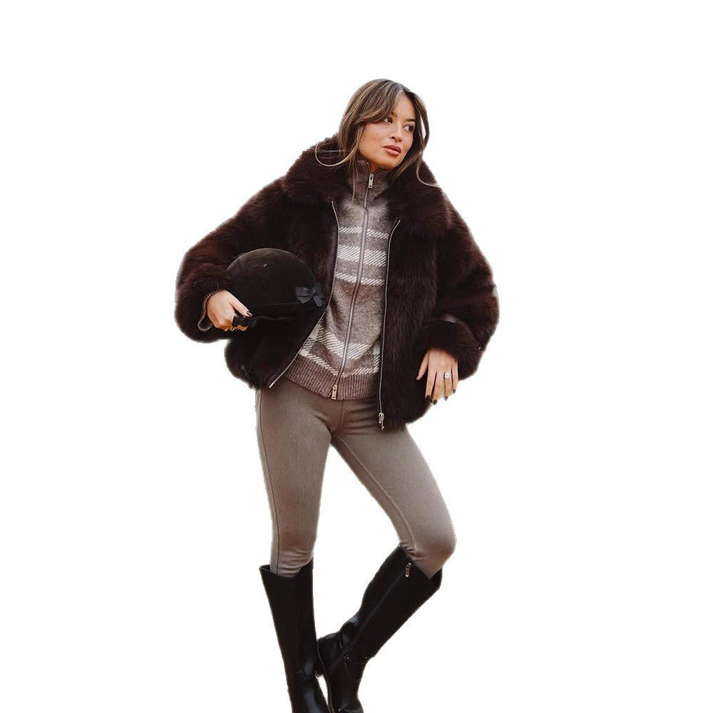 Women's Short Voluminous Faux Fur Bomber Jacket with Zipper and Shawl Collar Chichicherry - Chichicherry