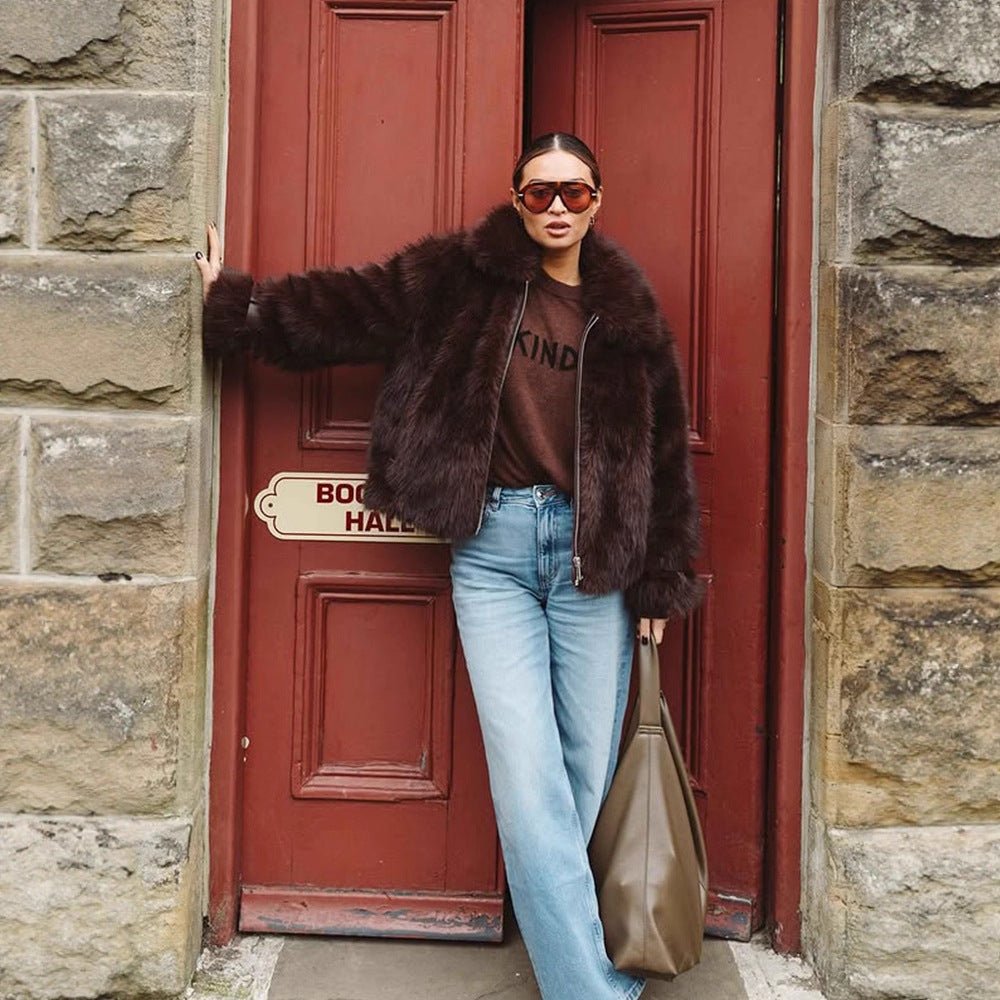 Women's Short Voluminous Faux Fur Bomber Jacket with Zipper and Shawl Collar Chichicherry - Chichicherry