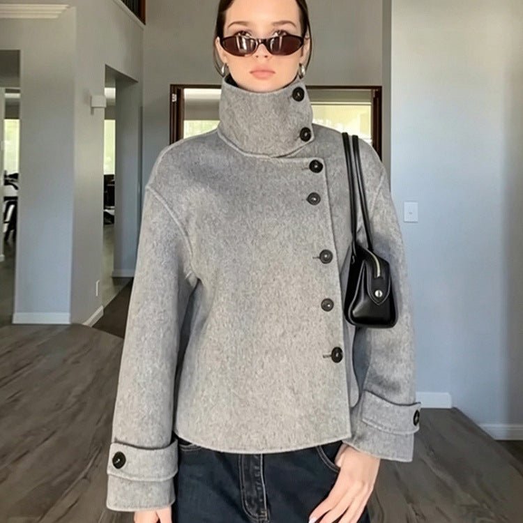 Women's Short Wool Blend Coat with Asymmetrical Button Placket and High Standing Collar Chichicherry - Chichicherry