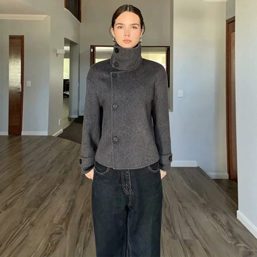 Women's Short Wool Blend Coat with Asymmetrical Button Placket and High Standing Collar Chichicherry - Chichicherry