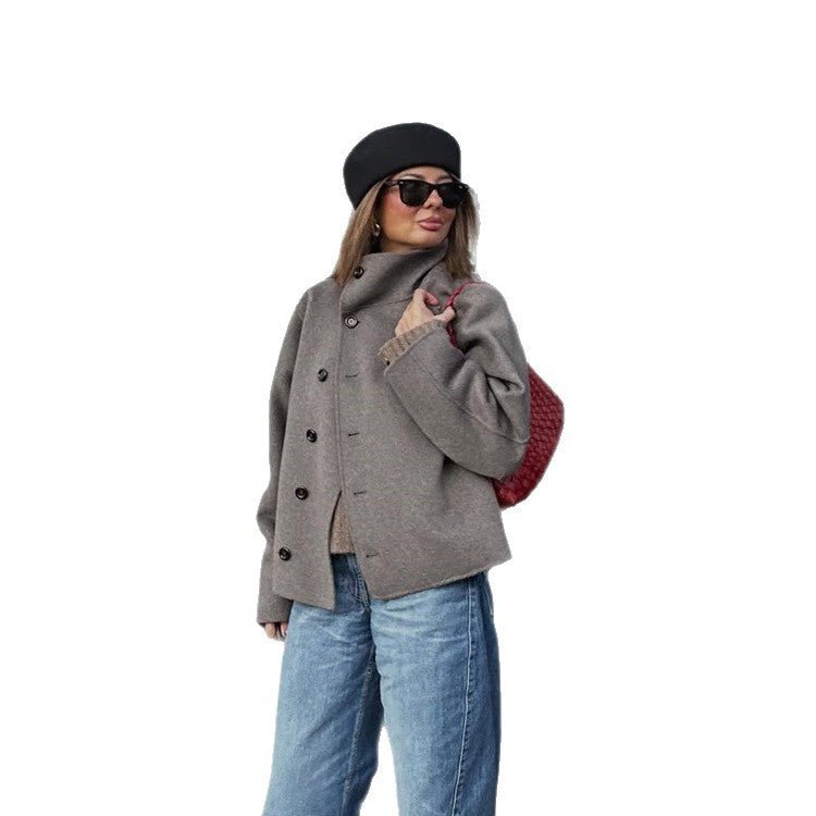 Women's Short Wool Blend Coat with Asymmetrical Button Placket and High Standing Collar Chichicherry - Chichicherry